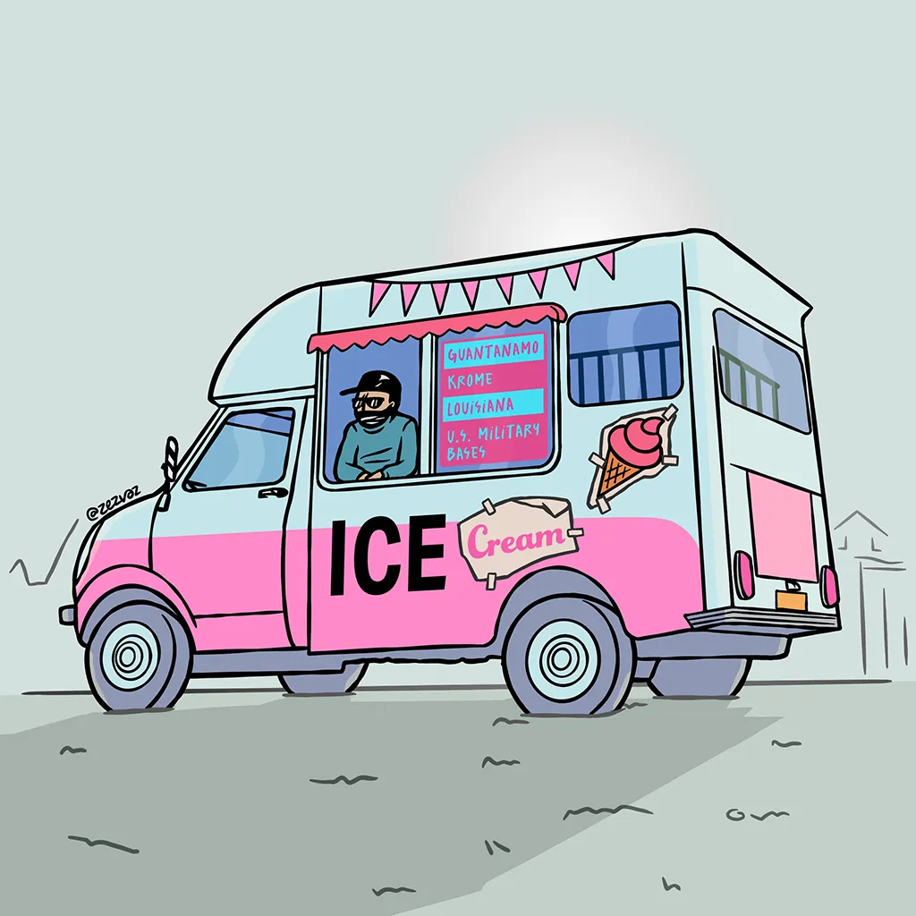 Cartoon by Zez Vaz depicting an ICE van disguised as a colorful ice cream van in broad daylight, with a sinister masked agent waiting for victims to come. Through the windows we can see a jail inside.