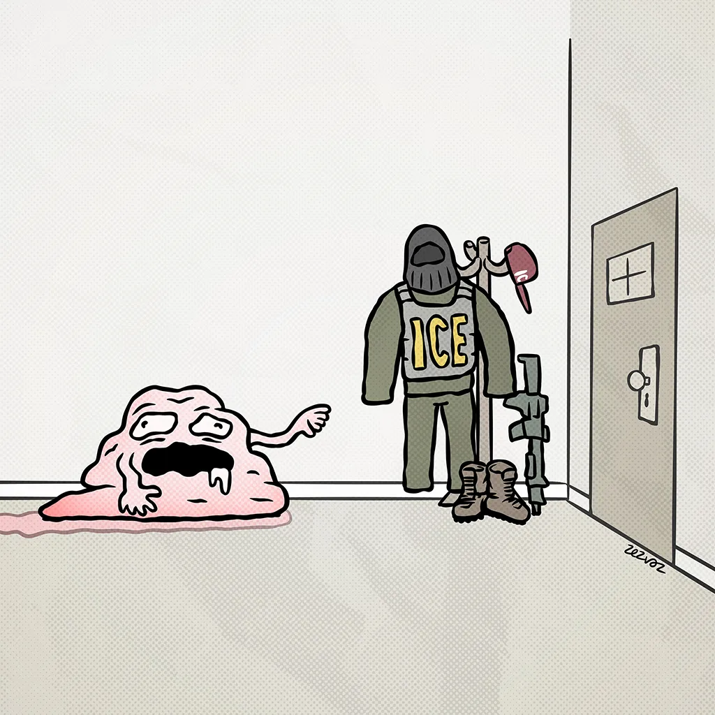 Cartoon by Zez Vaz depicting a little monster getting ready to put his ICE uniform and leave the house.