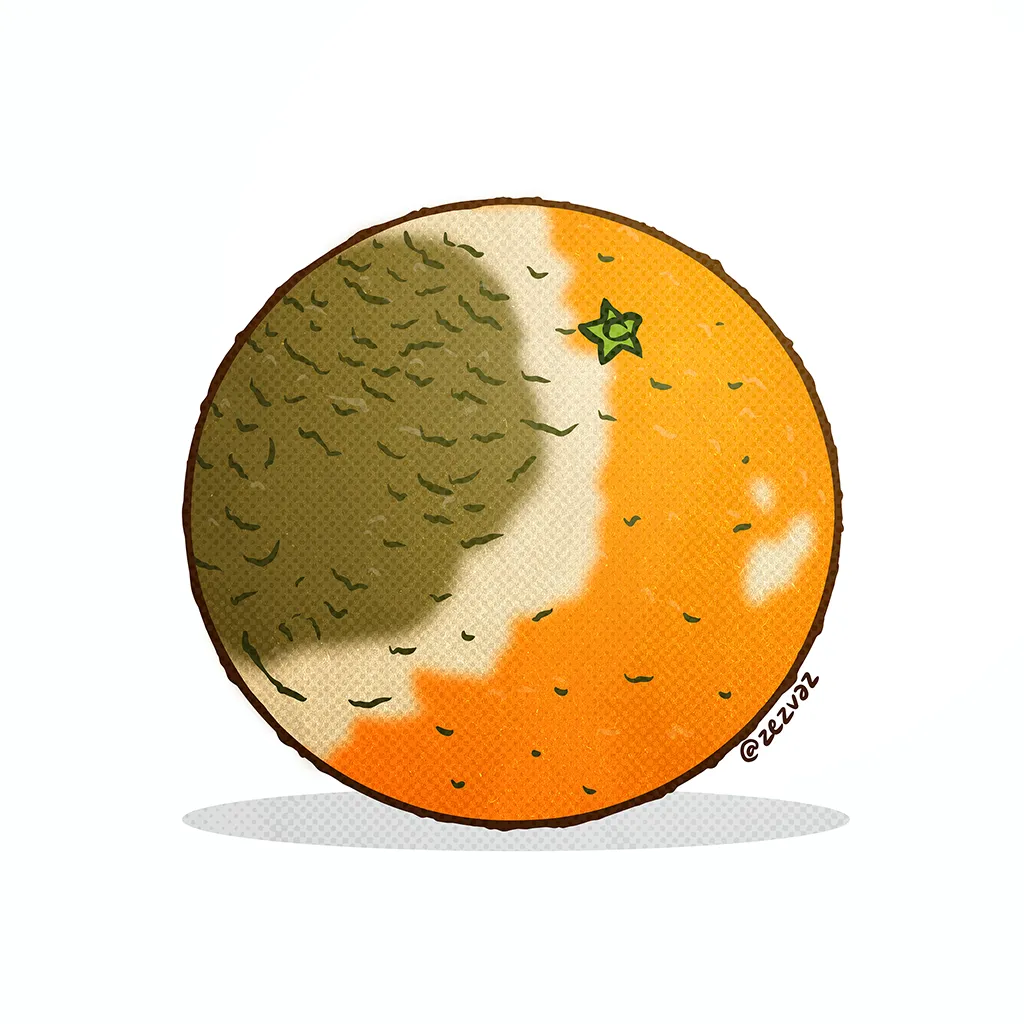 Cartoon by Zez Vaz depicting a rotten orange.