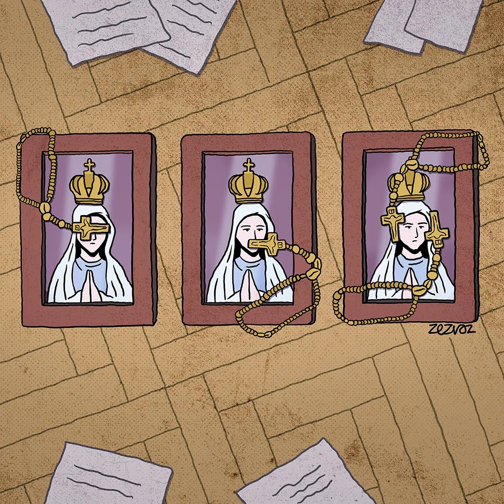 Cartoon by Zez Vaz depicting three portraits of Mary on the floor, with a cross on top of their eyes, mouth and ears.